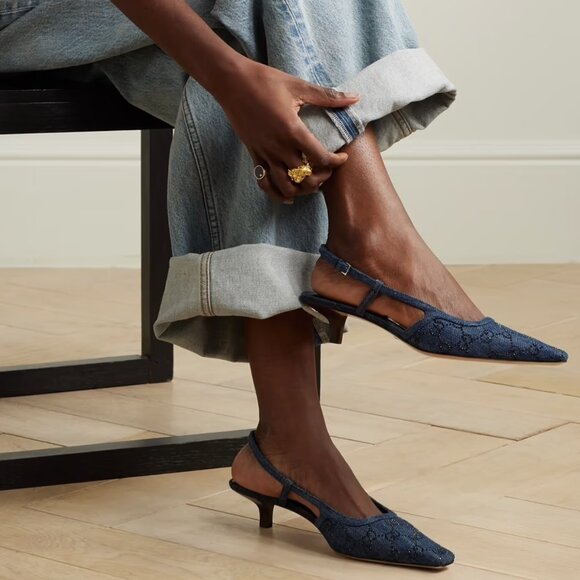 Gucci Crystal GG Monogram Demi Slingback Pumps Kitten Heels Sandals Shoes - Picture 3 of 16